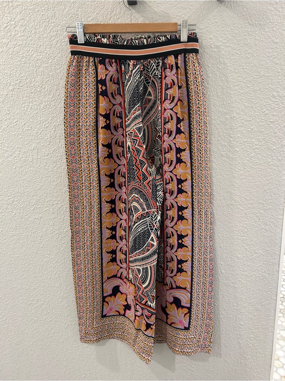 Maeve Black wide leg pants with Pink and Tan Print Panels